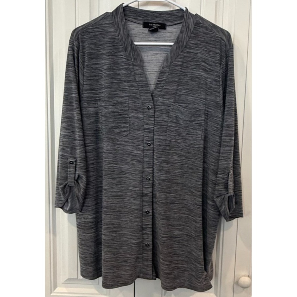 Liz McCoy Women's 3X Gray Heather Tunic Blouse Button Front V-Neck Stretch